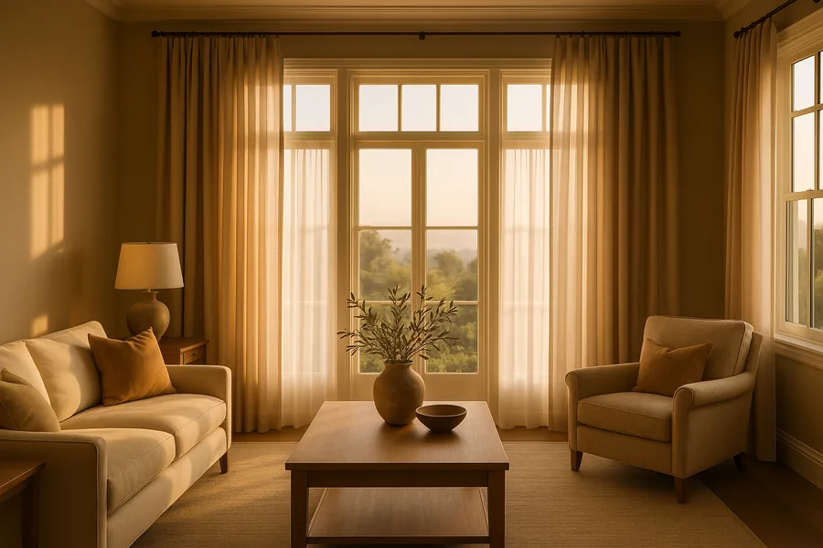 Custom floor-length curtains and drapes in an elegant living room