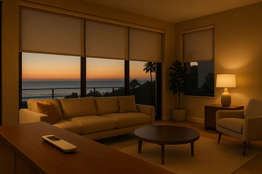 Motorized smart-home window shades in a modern living room