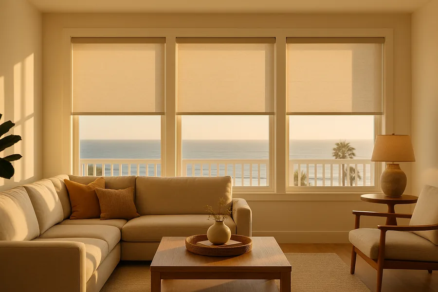 Custom roller shades in a modern Carlsbad living room