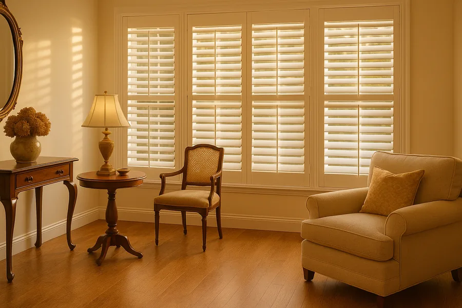 White wood plantation shutters custom-fit to North County San Diego windows