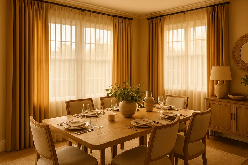 Layered drapes and sheers in an elegant dining room