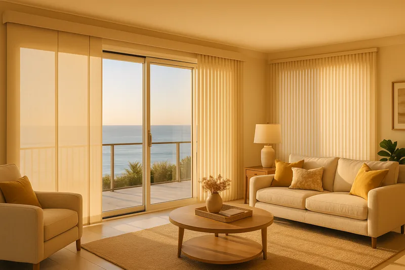 Panel-track shades on large sliding glass doors in a coastal great room